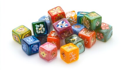 Poster - Colorful Artistic Glass Blocks with Floral Designs on White Background