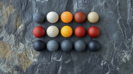 Poster - Colorful Decorative Balls Arranged on a Textured Stone Surface