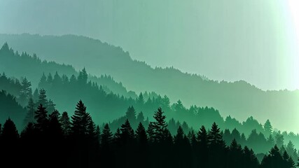 Poster - Vibrant forest landscape with misty mountains creating a serene backdrop in nature
