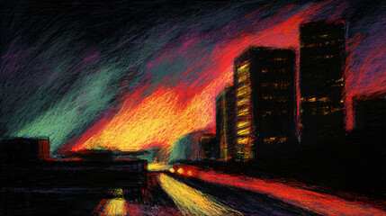 Poster - Vibrant portrayal of a cityscape at dusk, with illuminated buildings creating a dynamic and industrious atmosphere.