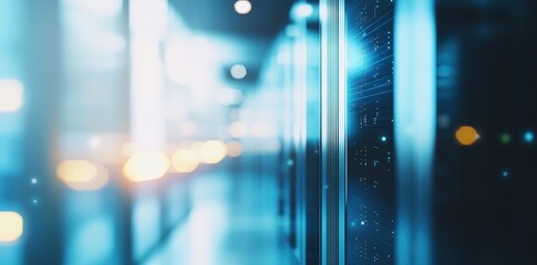 Poster - Abstract image of glowing server panels in a data center with light trails, perfect for cloud technology ads, web hosting, and modern IT infrastructure designs