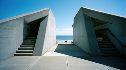 Poster - Modernist concrete structure with geometric shadows overlooking a calm ocean under clear blue sky
