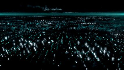 This stock motion graphic shows a digital field with binary symbols.