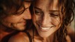 © CHAIYAPHON - A close-up portrait shows a happy couple embracing intimately outdoors bathed in warm sunlight showcasing genuine affection and intimacy.