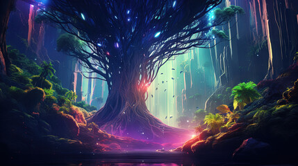 Poster - Neon-lit tree in a mystical jungle with glowing light and vibrant reflections