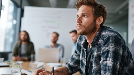 Poster - A young male entrepreneur sits thoughtfully during a brainstorming session in a modern office. His focused expression signifies his involvement in generating creative ideas with his team