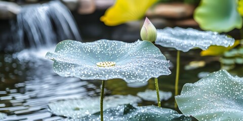 Wall Mural - Dew Drops on Lotus Leaves in Serene Pond Waterfall Background