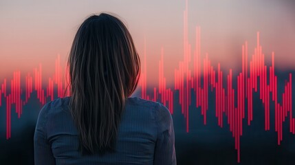 Wall Mural - woman observing financial data chart at sunset businesswoman analyzing stock market trends