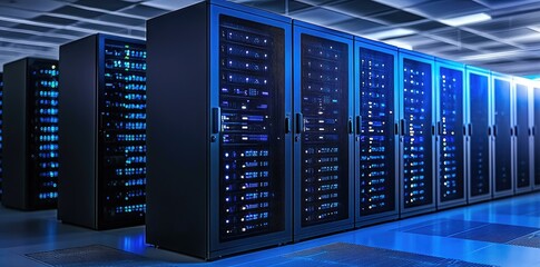 Aufkleber - Organized server room with glowing network cabinets and blue lighting, ideal for corporate brochures, infrastructure promotions, and IT solutions branding