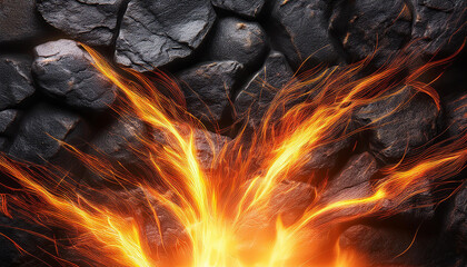 Poster - Abstract fire energy design with rock texture background. Conceptual flame illustration with orange and yellow light effect.