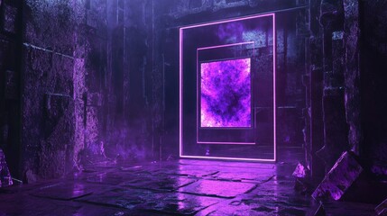 Purple neon portal in a dark stone room.