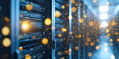 Aufkleber - Symmetrical view of a futuristic data center corridor filled with sleek server units glowing with dots and blue light, perfect for IT and cloud platforms