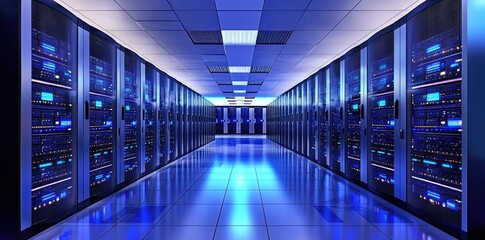 Aufkleber - Rows of server racks with bright glowing system lights, illustrating data processing, high speed internet, and tech infrastructure
