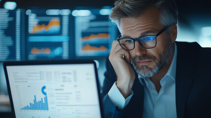 Aufkleber - A focused businessman analyzes financial data on his computer, immersed in charts and graphs displaying market trends while expressing concern about economic performance.