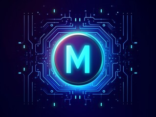 Poster - Letter M on electronic circuit board, glowing digital network concept