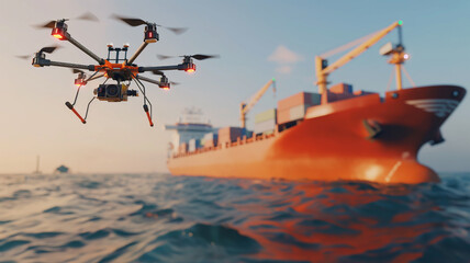 Poster - This drone hovers above the water, approaching a large cargo ship docked in the harbor at sunset.