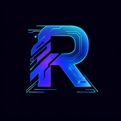 Poster - Futuristic letter R design, glowing circuit lines forming typography illustration