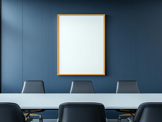 Poster - Modern office interior with empty framed mockup on blue wall. Stylish chairs and table create professional atmosphere, ideal for meetings and presentations