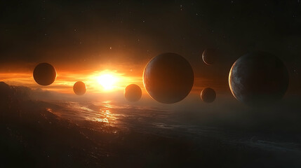 Wall Mural - Celestial bodies in a fiery sunset universe.