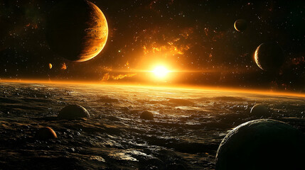Wall Mural - Celestial bodies in the cosmos, a fiery sunrise.