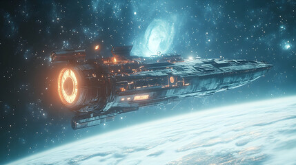 Wall Mural - Futuristic spacecraft in deep space with glowing engines.