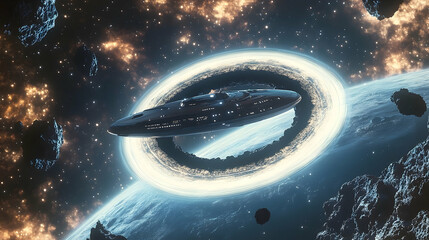 Wall Mural - Futuristic spacecraft in orbit around a celestial body.