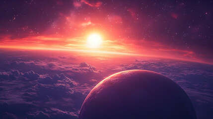 Wall Mural - Crimson sunrise over an alien planet.