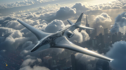 Poster - This sleek aircraft glides above a bustling urban landscape with majestic clouds in the background.