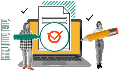 Poster - two women holding oversized highlighter and pencil near a laptop with a checklist document, isolated