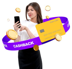 Poster - woman using smartphone with yellow credit card, golden coins, and purple cashback ribbon, isolated o