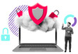 © ImageFlow - Laptop with cloud smoke, red shield and padlocks, man pointing beside it, collage style on white background, symbolizing data protection and cybersecurity