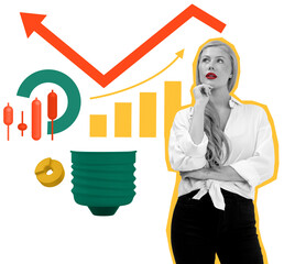 Poster - Thoughtful woman inand white stands near colorful financial charts, bar graphs and icons in collage style on isolated white background