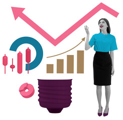 Poster - Woman in clean outfit standing near colorful financial charts and graphs, isolated on white background, representing data analysis and business growth