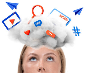 Poster - Closeup of woman's face with media icons like chat, heart, video, and news above her head in a cloud, isolated on white background, illustrating digital thoughts