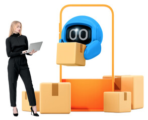 Poster - Woman inoutfit with laptop near blue robot holding box, surrounded by parcels, isolated on white background. Concept of smart delivery system