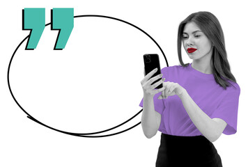 Poster - Woman holding phone and pointing at screen with quote bubble beside her, minimal graphic style, isolated on white background, communication concept