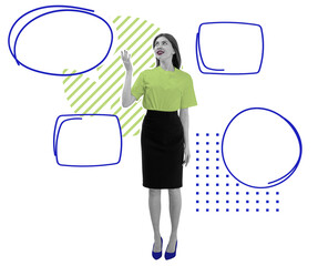 Poster - Woman in green top andskirt gesturing near abstract speech bubbles in blue line style with green shapes on white background, collage concept