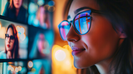 Leinwandbilder - This person is on a video call with a headset, engaging with multiple screens.