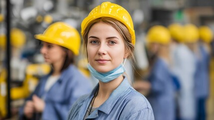 Wall Mural - Female Factory worker wearing a safety helmet in the background of a production line