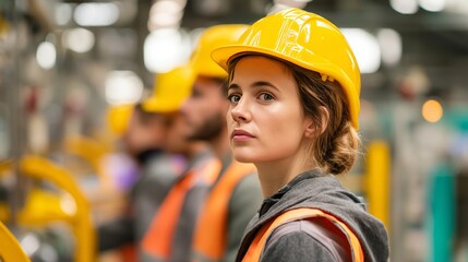 Wall Mural - Female Factory worker wearing a safety helmet in the background of a production line