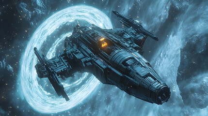 Wall Mural - Futuristic spacecraft navigating a cosmic nebula.