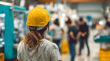 Wall Mural - Female Factory worker wearing a safety helmet in the background of a production line