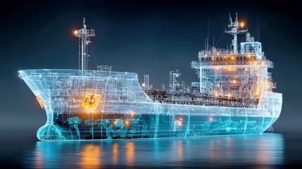Poster - Futuristic Freight Ship Interface, augmented reality display of intricate schematics, glowing neon blue outlines, minimalist backdrop, sleek and uncluttered environment, ample negative space