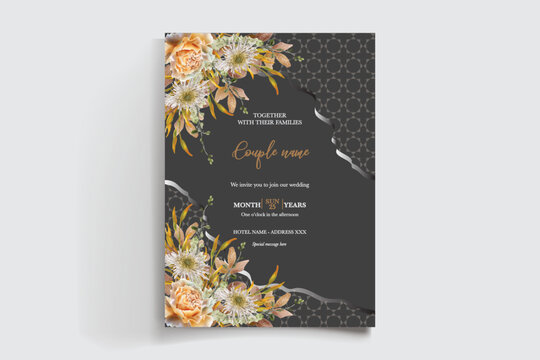 WEDDING INVITATION FRAME WITH FLOWER DECORATIONS AND FRESH LEAVES