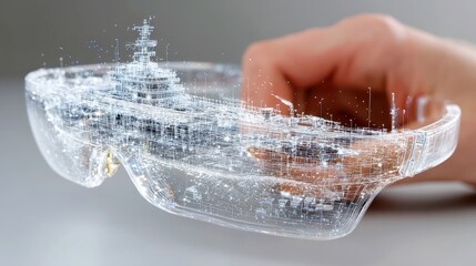 Poster - Digital ship construction interface for ocean freight modeling, displayed through smart glasses, minimalist background, clean design, spacious environment, modern technology integration