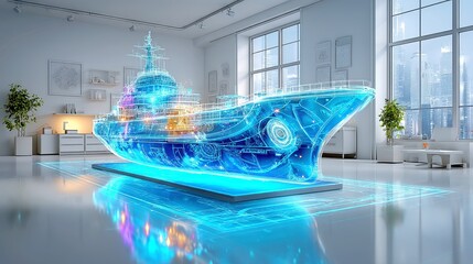 Poster - Futuristic Cargo Ship Hologram, a sleek cargo vessel projected above intricate blueprints in a high-tech design lab, minimalist ambiance, clean lines, ample free space