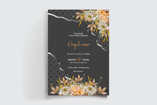 WEDDING INVITATION FRAME WITH FLOWER DECORATIONS AND FRESH LEAVES
