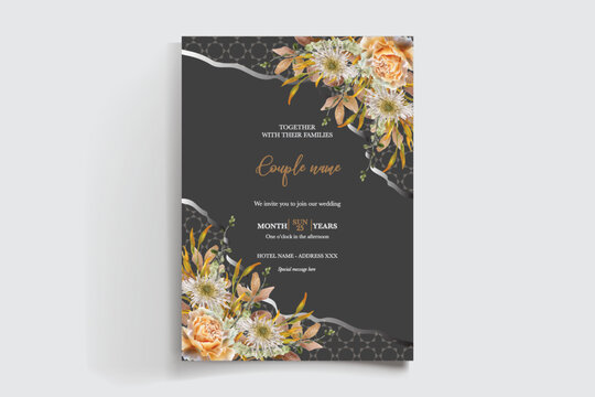 WEDDING INVITATION FRAME WITH FLOWER DECORATIONS AND FRESH LEAVES