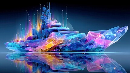 Poster - Futuristic Naval Architecture, abstract design showcasing holographic light beams and technical layers, minimalist backdrop, sleek and open environment, emphasizing innovation and simplicity
