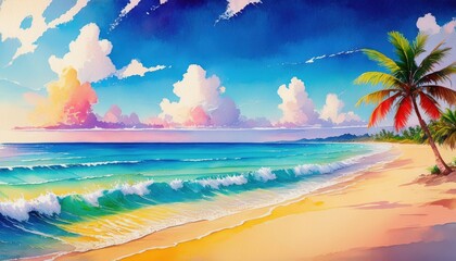 Aufkleber - vibrant watercolor beach sunset with waves and clouds for web design, print posters, branding backgrounds, or nature themed digital illustrations


